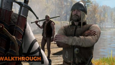 A helmeted bandit crosses his arms as he demands money from Geralt.