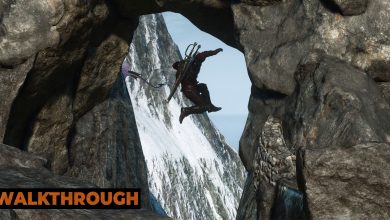 Geralt leaps from one cliff to another in Skellige.
