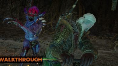 Geralt braces himself, swinging his sword horizontally as a red-faced Nekker leaps at him.