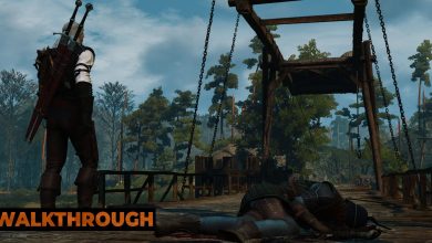 Geralt walks across a lowered bridge with a body laying in the foreground.