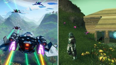 The Utopia Expedition Starship and a Traveler outside a base in No Man's Sky