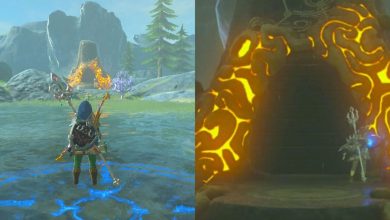 Split image screenshots on the podium of the Dagah Keek shrine and entering the shrine in BOTW