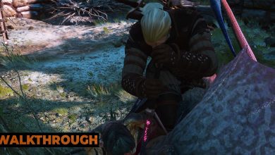 Geralt spears a siren with his sword as the fight outside a ruin in The Witcher 3.