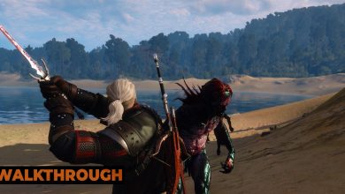 Geralt lands an upward slash on a monster as he fights it by a beach.