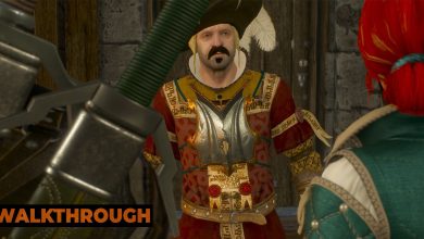 Geralt and Triss talk to a finely-dressed man in an abandoned building in Novigrad.