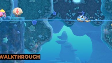 Kirby in front of a pool of water with two turtles in Onion Ocean Stage Four of Kirby's Return To Dream Land Deluxe.
