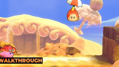 Kirby enters Stage Three of Raisin Ruins as a Waddle Dee floats down in Kirby's Return To Dream Land Deluxe.
