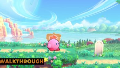 Kirby in front of a board with an arrow pointing right in Cookie Country Stage One in Kirby's Return to Dream Land Deluxe.