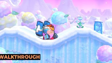 Kirby wearing the Mecha Copy Ability in White Wafers Stage One of Kirby's Return To Dream Land Deluxe