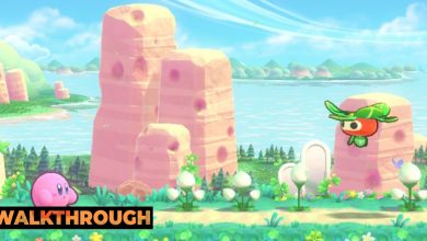 Kirby starts Stage Two of Cookie Country in Kirby's Return to Dream Land Deluxe, with a flying enemy just ahead.