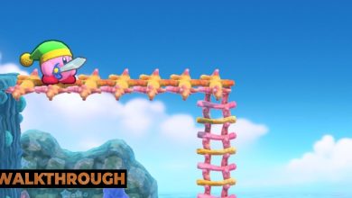 Kirby at the top of a platform leading to a ladder in Onion Ocean Stage Two of Kirby's Return To Dream Land Deluxe.