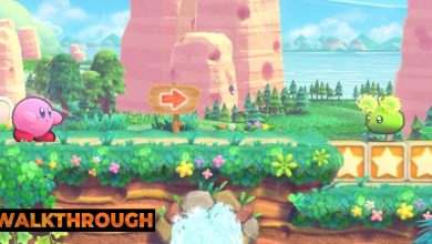 Kirby entering Cookie Country Stage Three with an enemy standing on three star blocks ahead.