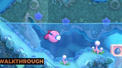 Kirby swimming towards a bomb block in Onion Ocean Stage Three of Kirby's Return To Dream Land Deluxe
