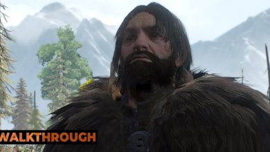 A bearded man looks at someone off-screen as they speak in Skellige, with tall mountains behind them.