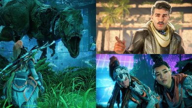 Aloy, Seyka, Londra, and an animatronic Tyrannosaur at Pangea Park in Horizon Forbidden West Burning Shores