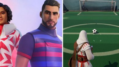 Fortnite football frenzy guide: two characters wearing event clothing, with a player in an Assassin's Creed skin on a football pitch