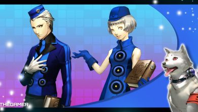 theodore and elizabeth on a blue and purple gradient background with koromaru in our persona 3 portable frame