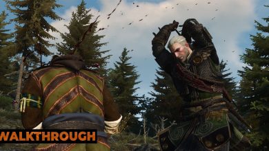 Geralt holds his sword over his head as he prepares to decapitate a defeated bandit.
