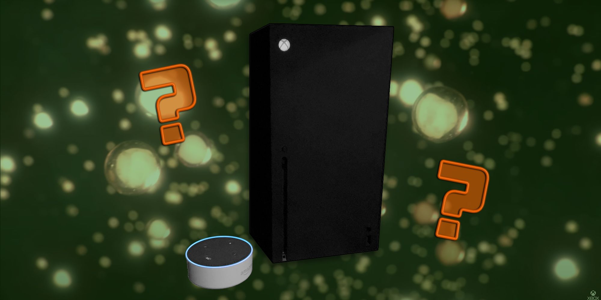 Una Xbox Series X y un Amazon Echo Dot sobre un fondo verde con burbujas claras.