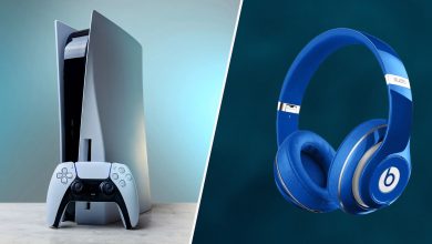 PlayStation 5 on the left and Blue headsets on the right.