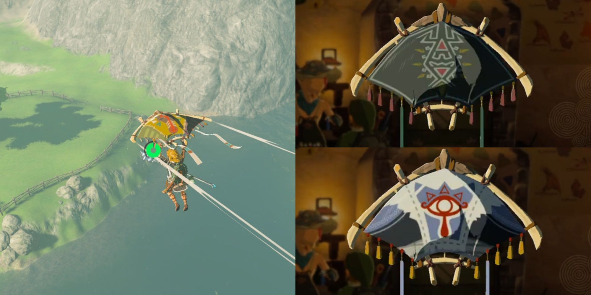 un collage de tela de enlace con el dios caballo flotando con el parapente, así como telas de parapente el aliento de lo salvaje y sheikah en lágrimas del reino cómo cambiar la tela de tu parapente todas las ubicaciones de las telas de parapente