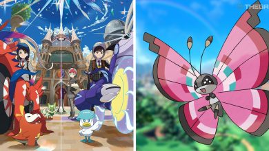 promotional art for scarlet and violet next to image of vivillon