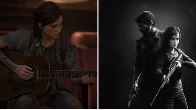 Split image of Ellie playing guitar and bot Ellie and Joel
