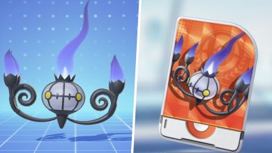 Image of Chandelure from Pokemon Unite split with an image of the Chandelure Unite License