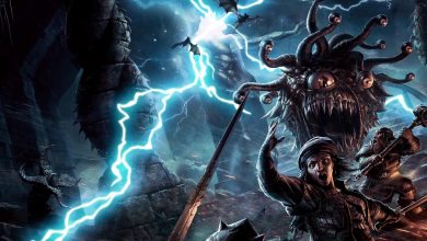 Monster Manual Cover Art with a Beholder chasing adventurers as lightning strikes