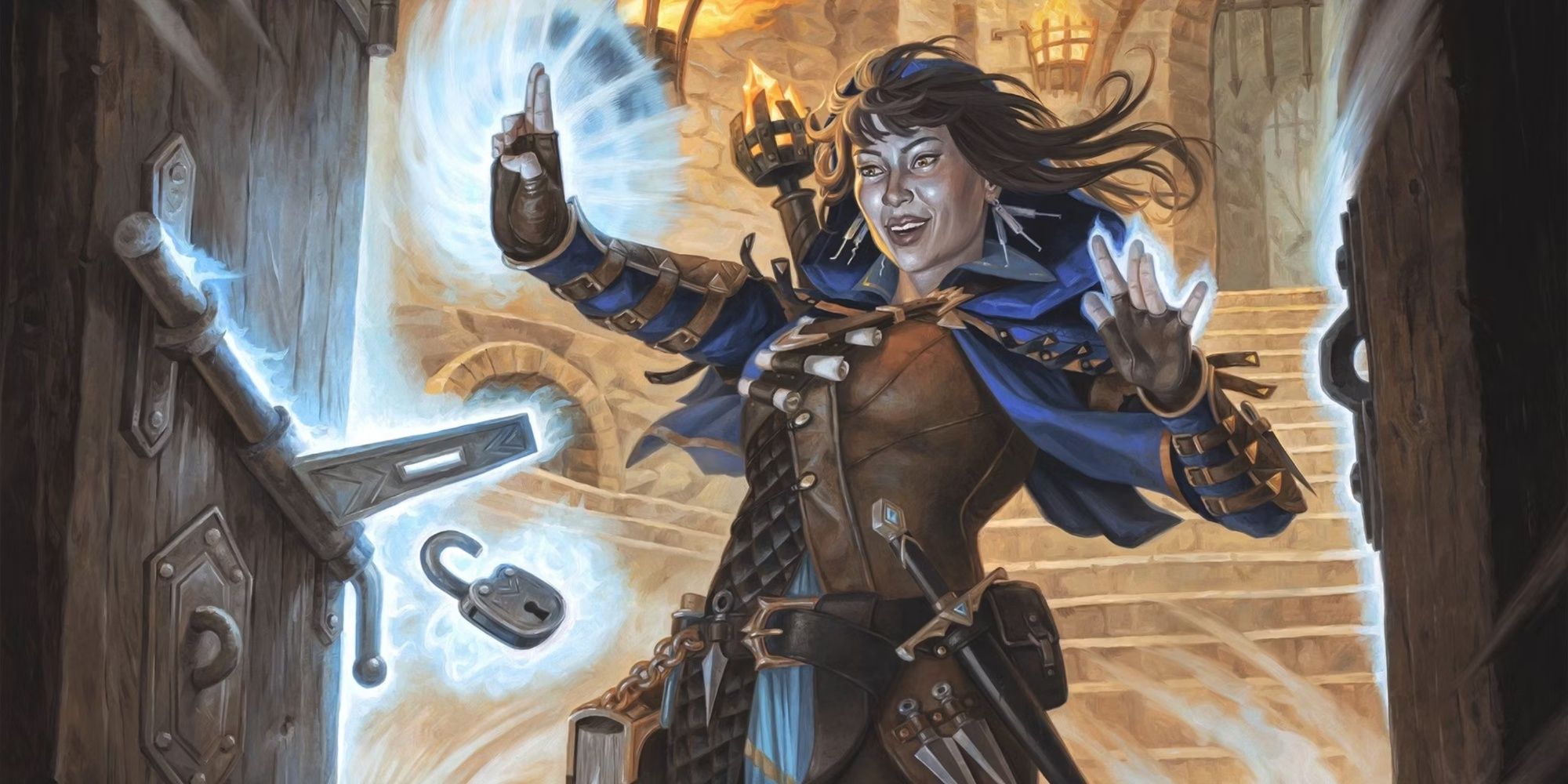 Dragones y Mazmorras En Imoen, Mystic Trickster de Alix Branwyn, un pícaro desactiva una cerradura con magia