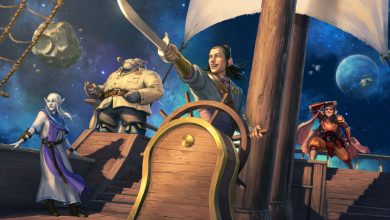 A spelljammer crew pose together at the helm of their ship