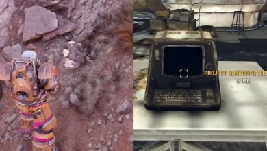 Split image screenshots of a player mining and interacting with the Project Manager's Terminal in Fallout 76.