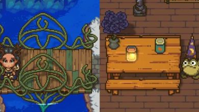 sun haven elven bridge and picnic table next to wizard frog