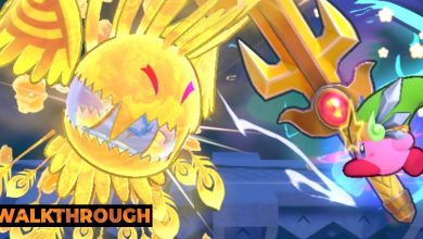 Kirby hits the Grand Doomer using the Ultra Sword Super Ability in Kirby's Return To Dream Land Deluxe