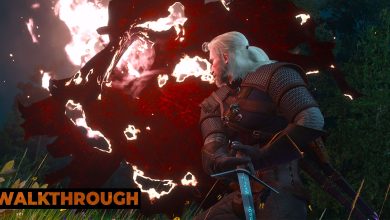 Geralt slickes at a nightwraith, bathing the scene in a red glow.