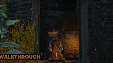 Geralt kneels inside a chapel, illuminated by the glow of several candles.