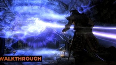 A man rushes toward a magic ball shooting lightning in a dark chamber.