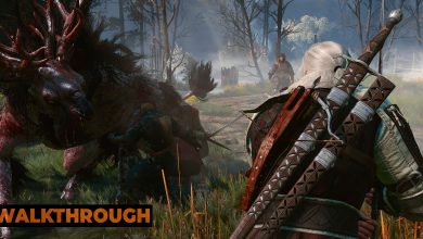 Geralt squares off against a large monster with blood-soaked horns on a bog.