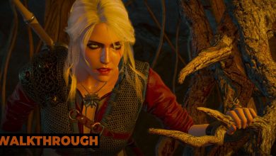 Ciri sneaks through a tunnel, pushing a root out of the way.