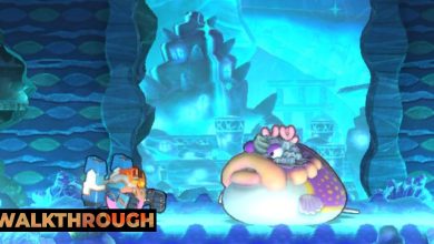 Kirby and the Fatty Puffer boss in Onion Ocean Stage Five of Kirby's Return To Dream Land Deluxe.