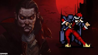 merchant sprite on top of vampire survivors key art background