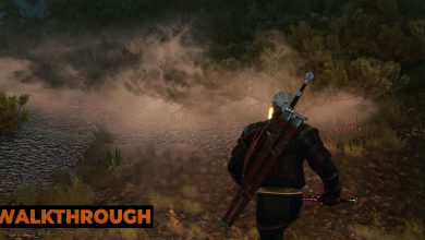 Geralt prowls into a cloud of fog by a road at night, lighting the area with his torch.