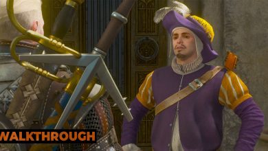 A bard wearing garish purple clothes talks to Geralt in Beauclair.
