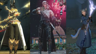 Final Fantasy 14 - Split image of three glamour outfits