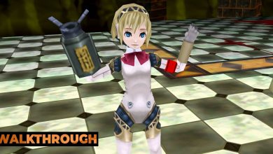 aigis in the monad depths raising her arms in victory with our walkthrough sticker for our persona 3 portable guide