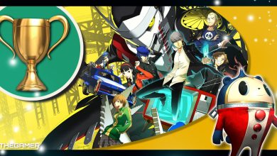 Persona 4 Golden promotional image of key artwork depicting the main characters, a Teddie overlay in the corner, and a trophy on the right.
