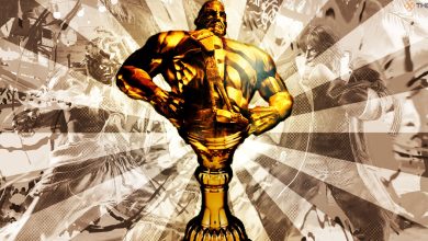 A trophy molded in the image of Mike Haggar sits in front of a bronze background featuring Ryu and Ken from Street Fighter 6.