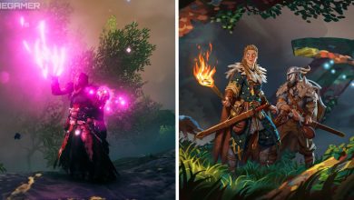 split image showing player using magic next to promotional art for game