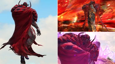 A collage of images showcasing the Mount Ordeals Extreme Trial Boss, Rubicante, in Final Fantasy 14. Rubicante is an arch demon with a large red cloak, horns, and sharp claws on his feet.