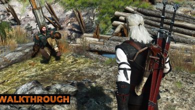 Geralt walks toward an injured man in Skellige.